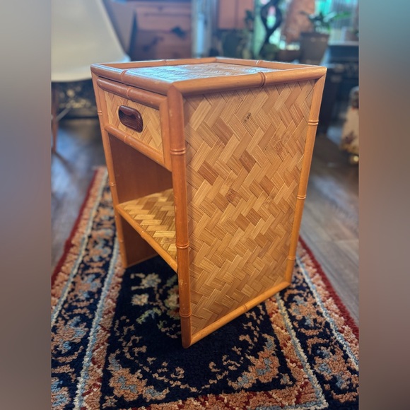 BOHO Vintage Bamboo Rattan Side Table 19” Nightstand Entryway • Lightweight - Picture 8 of 15